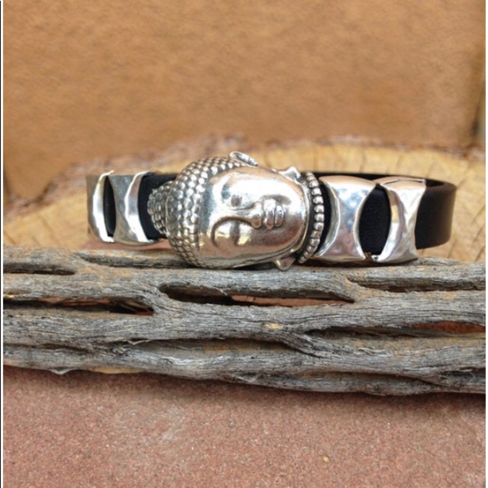 Bohemian style 10mm black leather unisex Sterling Silver Buddha magnetic clasp